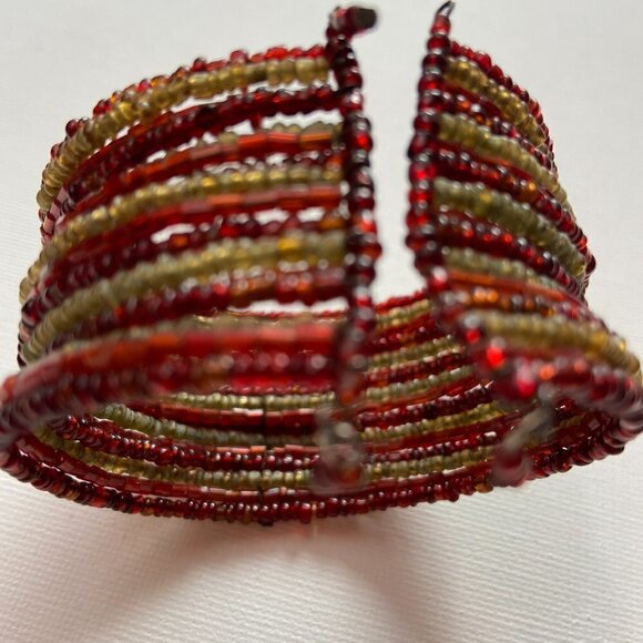 Wide Cuff Bracelet with Layered Gold and Red Beads - Picture 4 of 4